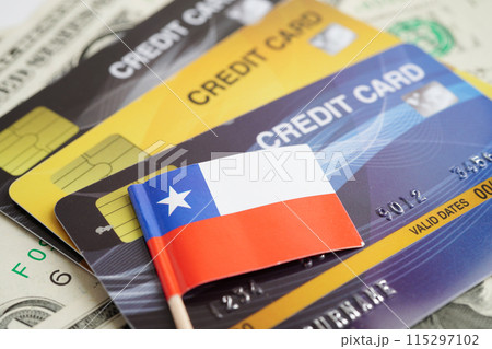 Chile flag on credit card, finance economy trading shopping online business. Chile flag on credit card, finance economy trading shopping online business. 115297102