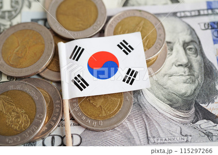 Korea flag on coin and banknote money, finance trading investment business currency concept. 115297266