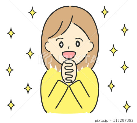 手を握り合わせて喜びを表現する女性のイラスト。ワクワク、ドキドキ、ときめき、感激のイメージ素材。 115297382