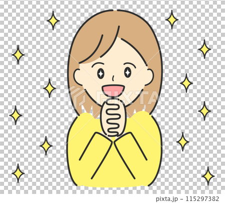 手を握り合わせて喜びを表現する女性のイラスト。ワクワク、ドキドキ、ときめき、感激のイメージ素材。 115297382
