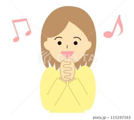 手を握り合わせて喜びを表現する女性のイラスト。ワクワク、ドキドキ、ときめき、感激のイメージ素材。 115297383