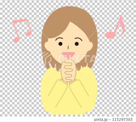 手を握り合わせて喜びを表現する女性のイラスト。ワクワク、ドキドキ、ときめき、感激のイメージ素材。 115297383