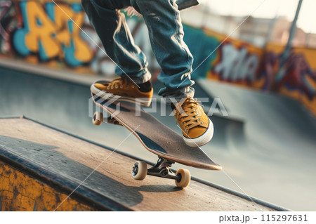 Skateboarder doing trick with skateboard in skatepark 115297631