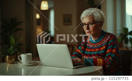 Older person sits at home and deals with the new digital possibilities in front of the computer screen Older person sits at home and deals with the new digital possibilities in front of the computer screen 115297735