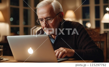 Older person sits at home and deals with the new digital possibilities in front of the computer screen 115297782