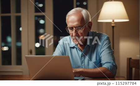 Older person sits at home and deals with the new digital possibilities in front of the computer screen 115297784