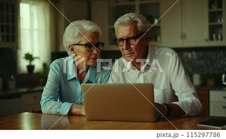 Older person sits at home and deals with the new digital possibilities in front of the computer screen 115297786