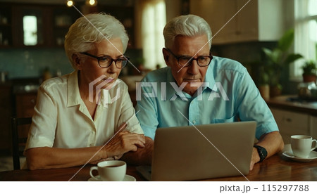 Older person sits at home and deals with the new digital possibilities in front of the computer screen 115297788