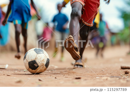 African children playing soccer at village street 115297789