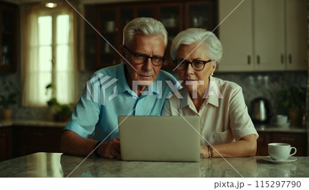 Older person sits at home and deals with the new digital possibilities in front of the computer screen 115297790