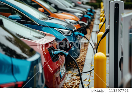 Row of electric cars at public charging station with plugged power cables 115297791