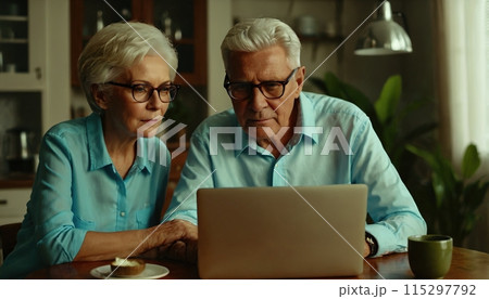 Older person sits at home and deals with the new digital possibilities in front of the computer screen 115297792