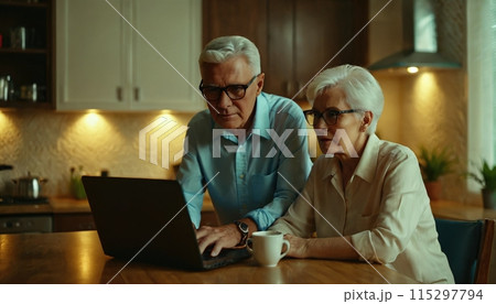 Older person sits at home and deals with the new digital possibilities in front of the computer screen 115297794
