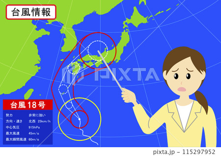 台風の気象情報を説明する女性の気象予報士のイラスト素材 115297952