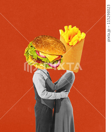 Monochrome couple embracing with heads replaced by large burger and French fries against red background. Contemporary art collage. 115298023