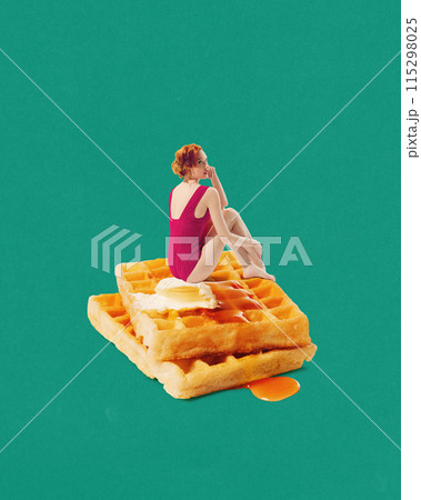Vintage-style woman in red swimsuit sitting on stack of two waffles topped with butter and syrup against green background. Contemporary art collage. 115298025