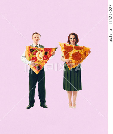 Man and woman in vintage style clothing standing with pizza slices against light pink background. Contemporary art collage. 115298027