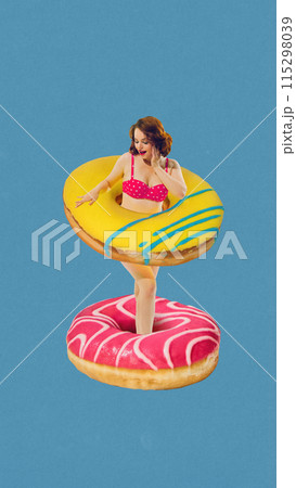 Vintage-style woman in pink polka-dot swimsuit standing inside two giant donuts against blue background. Contemporary art collage. 115298039