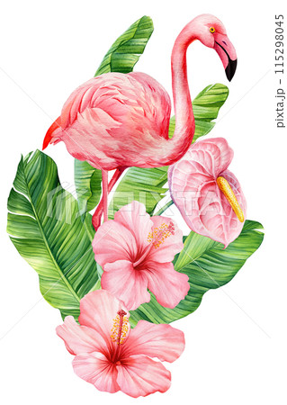 Cute Flamingo watercolor bird illustration, pink flamingo and tropical flowers, palm leaves isolated on white background 115298045