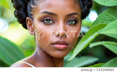 Beautiful young woman surrounded with green leaves while looking at camera. Portrait of beauty woman with makeup standing into nature Beautiful young woman surrounded with green leaves while looking at camera. Portrait of beauty woman with makeup standing into nature 115298063