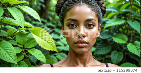Beautiful young woman surrounded with green leaves while looking at camera. Portrait of beauty woman with makeup standing into nature 115298074