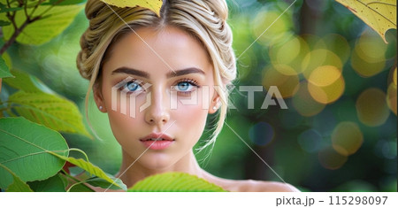 Beautiful young woman surrounded with green leaves while looking at camera. Portrait of beauty woman with makeup standing into nature 115298097