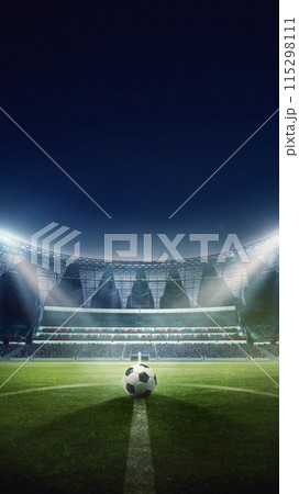 3D render of open air football empty stadium with single ball on grass, neon illumination and blurred tribunes with fans. Vertical layout 3D render of open air football empty stadium with single ball on grass, neon illumination and blurred tribunes with fans. Vertical layout 115298111