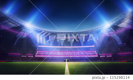 3D render of open air football empty stadium with neon illumination and blurred tribunes with fans and starry sky. Evening game 115298114