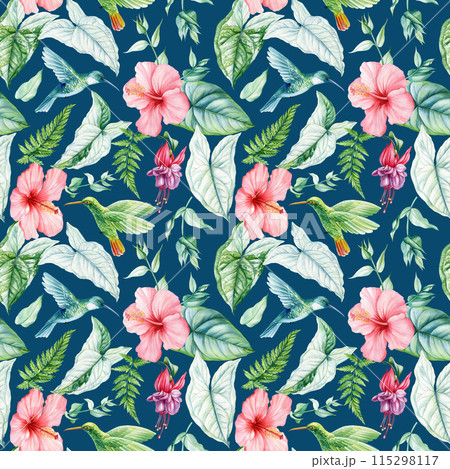 Seamless pattern with birds and tropical leaves and flowers. Watercolor illustration. Birds hummingbirds and hibiscus Seamless pattern with birds and tropical leaves and flowers. Watercolor illustration. Birds hummingbirds and hibiscus 115298117