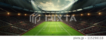 Game Day Atmosphere. Wide angle view on 3D football stadium during match, with stands packed with fans. Open air game Game Day Atmosphere. Wide angle view on 3D football stadium during match, with stands packed with fans. Open air game 115298118
