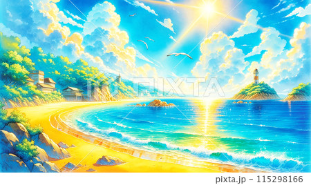 夏の海に輝く太陽_水彩のイラスト素材 [115298166] - PIXTA