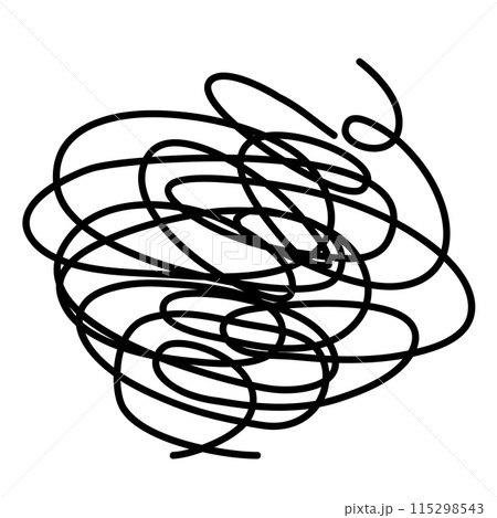 ぐちゃぐちゃに絡まった線のイラスト。モヤモヤ、イライラ、ストレス、憂鬱、頭痛、悩みを表すアイコン。 115298543