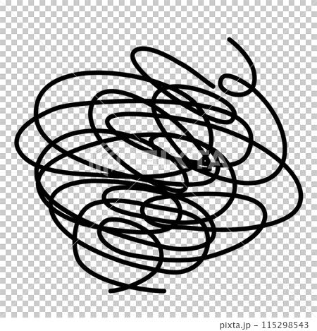 ぐちゃぐちゃに絡まった線のイラスト。モヤモヤ、イライラ、ストレス、憂鬱、頭痛、悩みを表すアイコン。 115298543