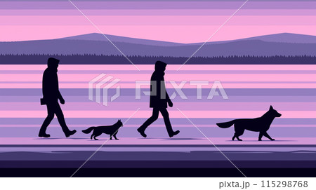 犬を連れての寒い冬の朝の散歩