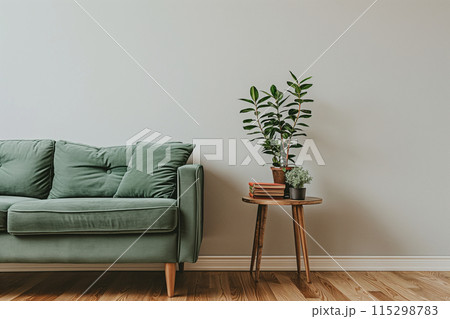 Minimalist living room with a clean and cozy aesthetic, featuring a green fabric sofa 115298783
