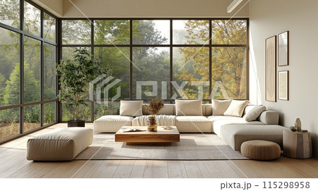 A modern minimalist living room with clean lines, neutral colors, and sleek furniture. Featuring large windows for natural light and a simple, elegant aesthetic. 115298958