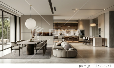 A contemporary open-plan dining area with sleek furniture, a statement chandelier, and a neutral color scheme. Emphasize spaciousness and simplicity. 115298971