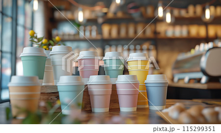 A trendy pastel colors coffee cup mock-up featuring different cup sizes. perfect for cafes and promotional materials. A trendy pastel colors coffee cup mock-up featuring different cup sizes. perfect for cafes and promotional materials. 115299351