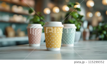 A trendy pastel colors coffee cup mock-up featuring different cup sizes. perfect for cafes and promotional materials. A trendy pastel colors coffee cup mock-up featuring different cup sizes. perfect for cafes and promotional materials. 115299352