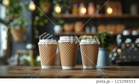A trendy coffee cup mock-up featuring different cup sizes. perfect for cafes and promotional materials. A trendy coffee cup mock-up featuring different cup sizes. perfect for cafes and promotional materials. 115299353