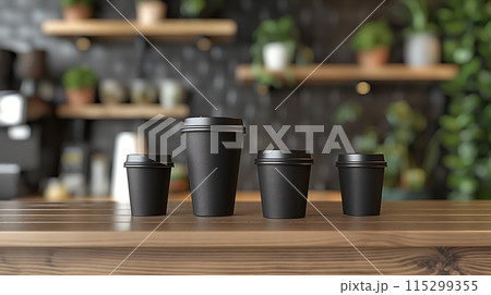 A trendy black coffee cup mock-up featuring different cup sizes. perfect for cafes and promotional materials. 115299355