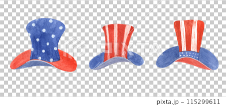 Hats in American flag colors. Uncle Sam Hat. Elements for celebration of 4th of July. Independence day, 4th of July, Labor Day, Halloween holiday accessory. Watercolor illustration. USA patriotic set Hats in American flag colors. Uncle Sam Hat. Elements for celebration of 4th of July. Independence day, 4th of July, Labor Day, Halloween holiday accessory. Watercolor illustration. USA patriotic set 115299611
