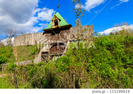 Cossack wooden-earthen fortress of 16-18 centuries in Open-air Museum of Folk Architecture and Folkways of Middle Naddnipryanschina in Pereyaslav, Ukraine 115299819