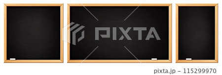 School blackboards. Black board with wooden frame, rectangular and square chalkboard. Blackboards with white chalk dirty texture. Classroom, restaurant menu board vector template. 115299970