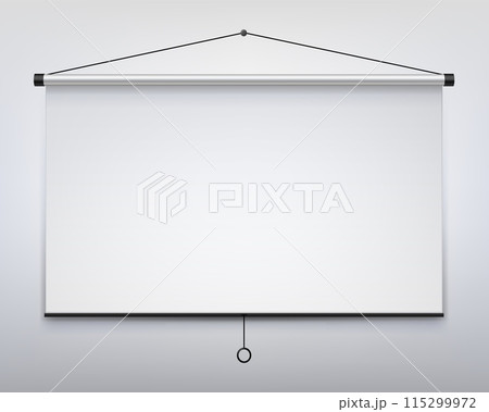 Projection screen. Empty white projection screen on wall, blank hanging presentation board, realistic whiteboard for conference and advertising project. Vector 3d mockup. Projection screen. Empty white projection screen on wall, blank hanging presentation board, realistic whiteboard for conference and advertising project. Vector 3d mockup. 115299972
