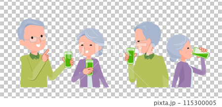 青汁を飲むシニア夫婦。談笑とリラックスしているシーン 115300005