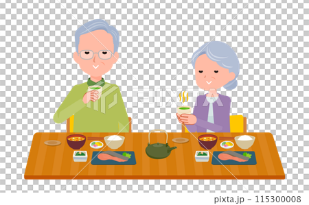 食事中に温かい青汁お茶を飲むシニア夫婦 115300008