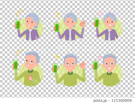 青汁を持つ笑顔の老夫婦のアイコン。ポジティブな表情 115300009