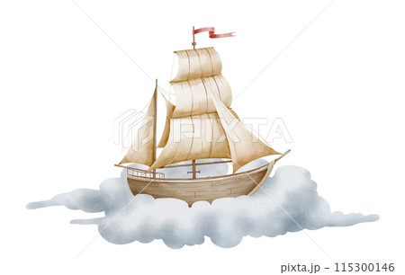 Sailboat watercolor illustration. Drawing of sailing ship flying on cloud in pastel colors for Baby shower design. Sketch of Boat or Yacht for childish design in nautical dreamy style. Colorful Sailer Sailboat watercolor illustration. Drawing of sailing ship flying on cloud in pastel colors for Baby shower design. Sketch of Boat or Yacht for childish design in nautical dreamy style. Colorful Sailer 115300146