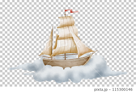 Sailboat watercolor illustration. Drawing of sailing ship flying on cloud in pastel colors for Baby shower design. Sketch of Boat or Yacht for childish design in nautical dreamy style. Colorful Sailer Sailboat watercolor illustration. Drawing of sailing ship flying on cloud in pastel colors for Baby shower design. Sketch of Boat or Yacht for childish design in nautical dreamy style. Colorful Sailer 115300146